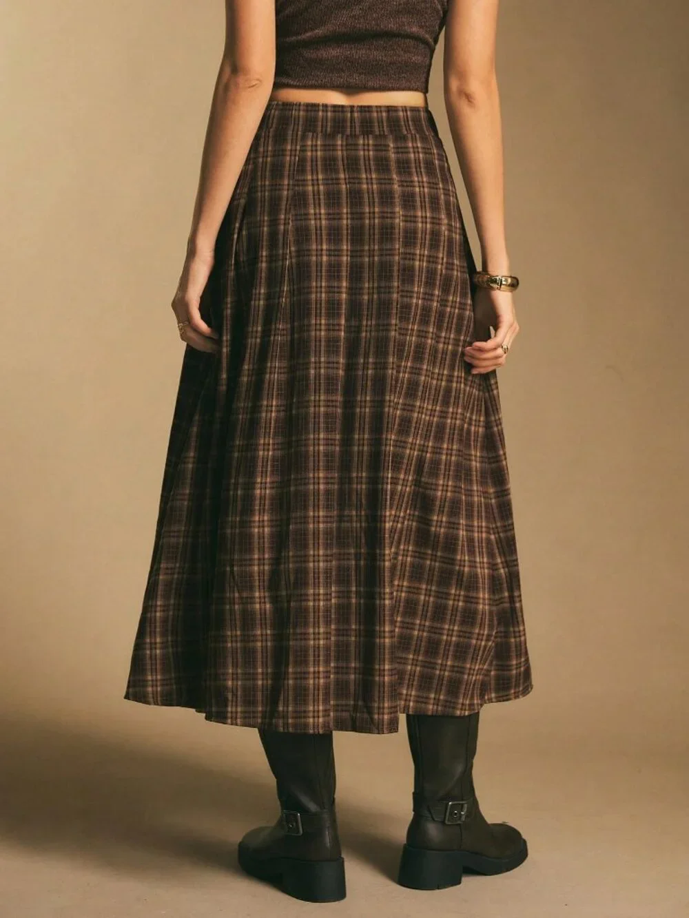 Brown Casual Women's Plaid Side Buckle Split Thigh Pocket Flared Skirt